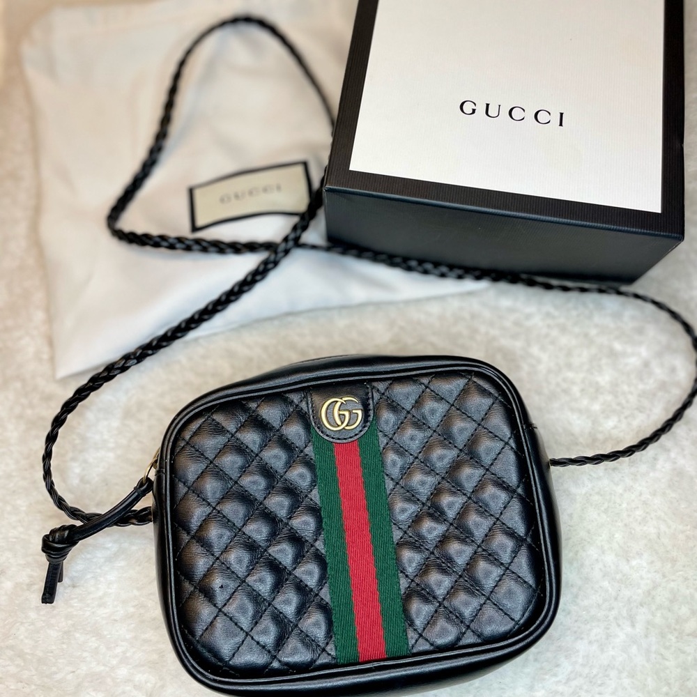 Real Gucci Black Quilted Leather Mini GG Cross Body